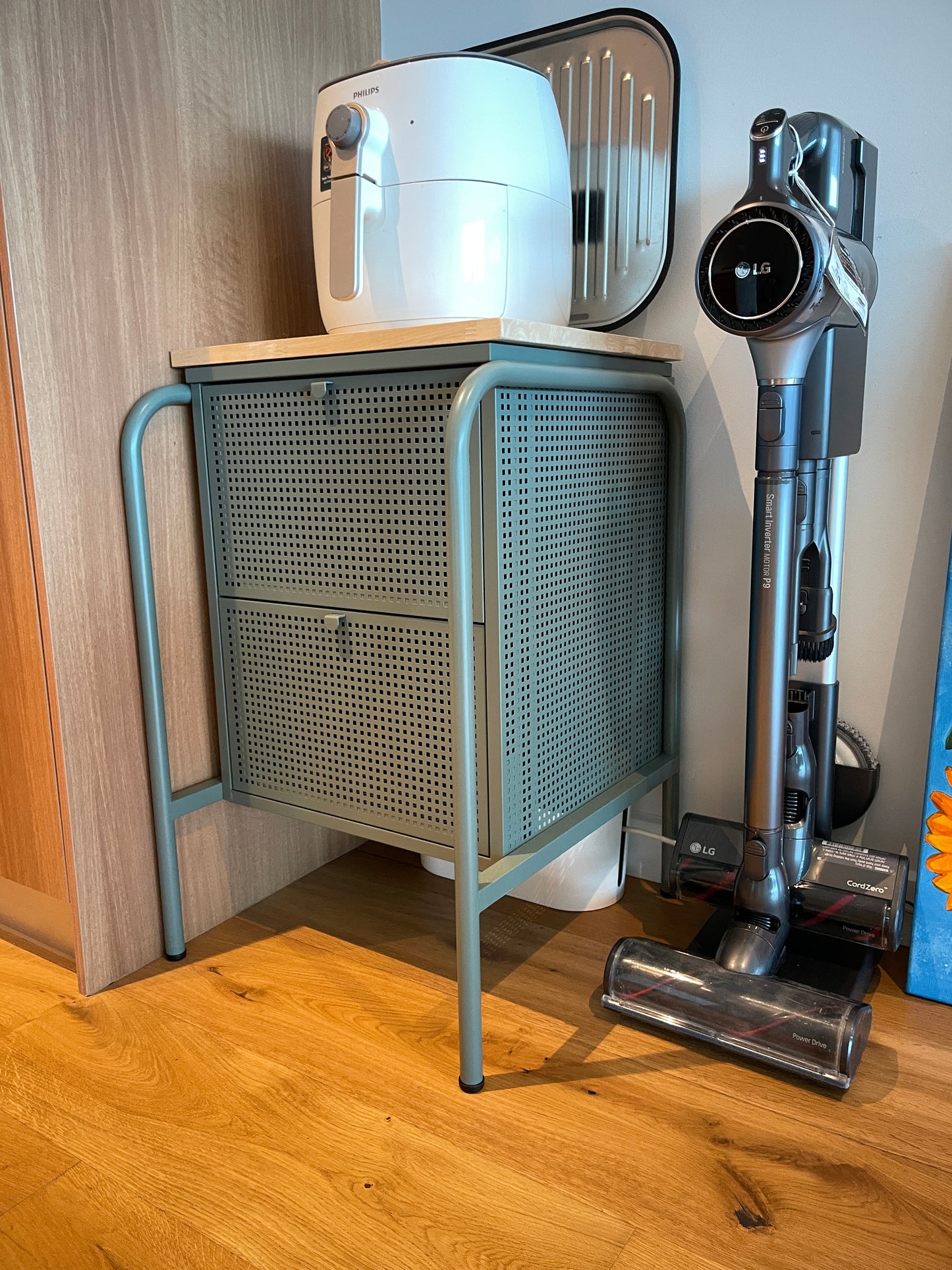 Green Metal and Wood Top Side Table