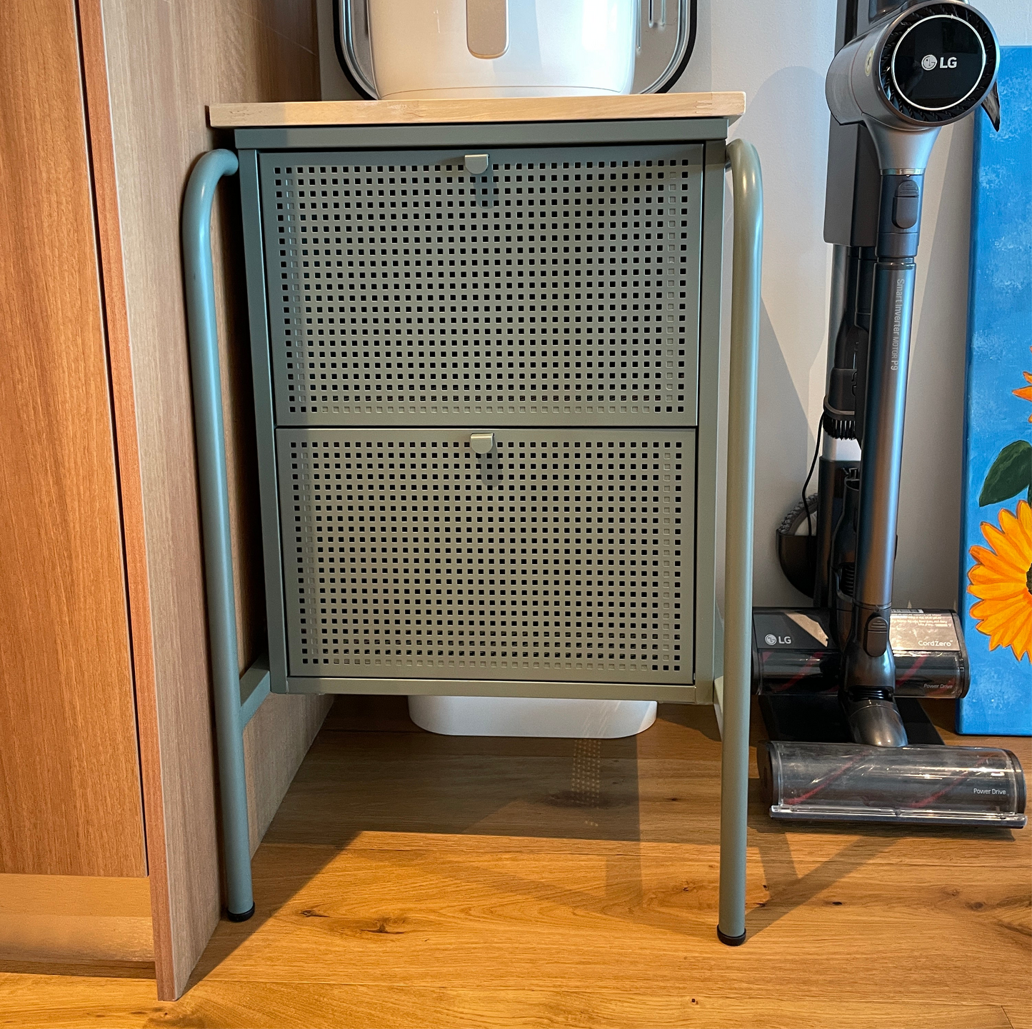 Green Metal and Wood Top Side Table