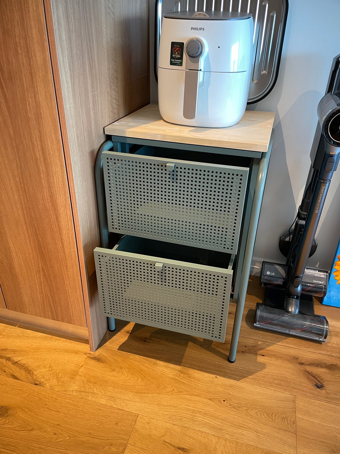Green Metal and Wood Top Side Table