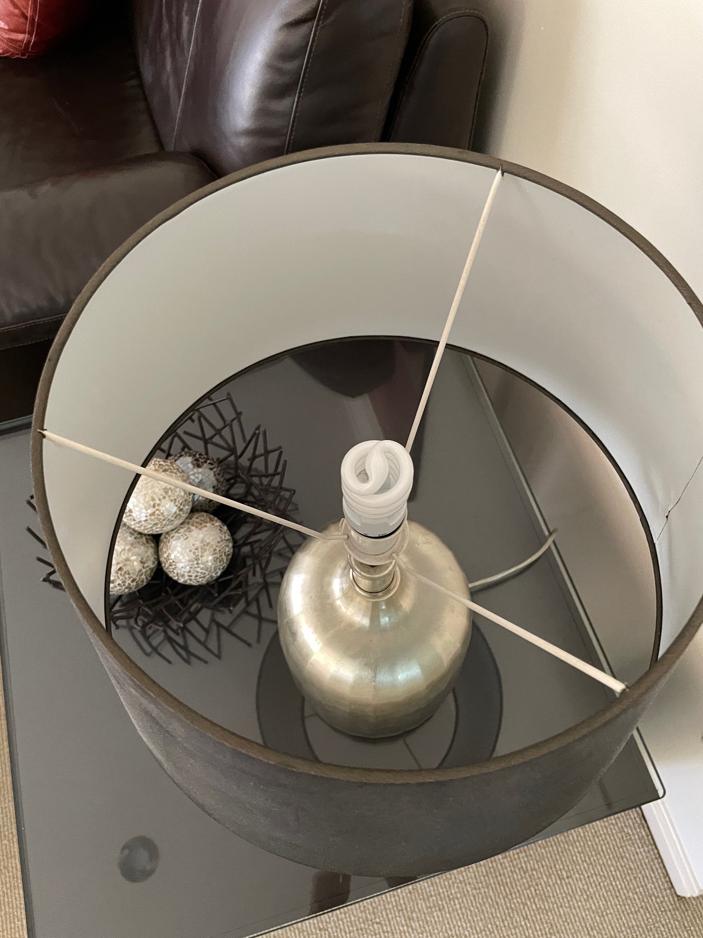 Detailed Pewter Lamp with Taupe Shade