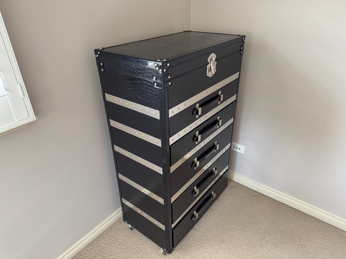 Black and Chrome Trunk-Style Chest of Drawers