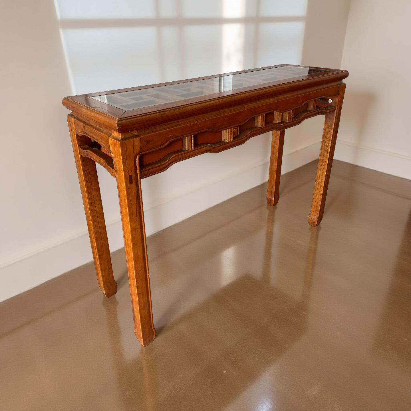 Detailed Wood Console with Glass Top