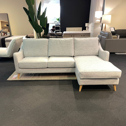 Gray sectional sofa against a dark gray wall with a plant and mirror in the foreground.