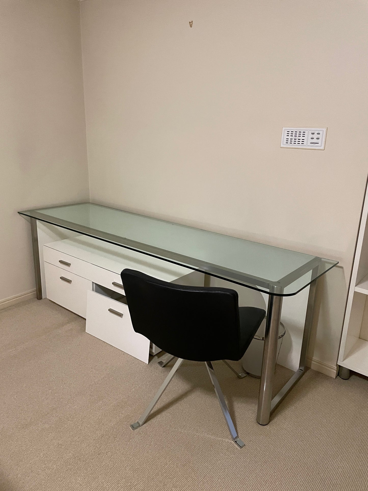 Glass Top Office Desk and White Drawers