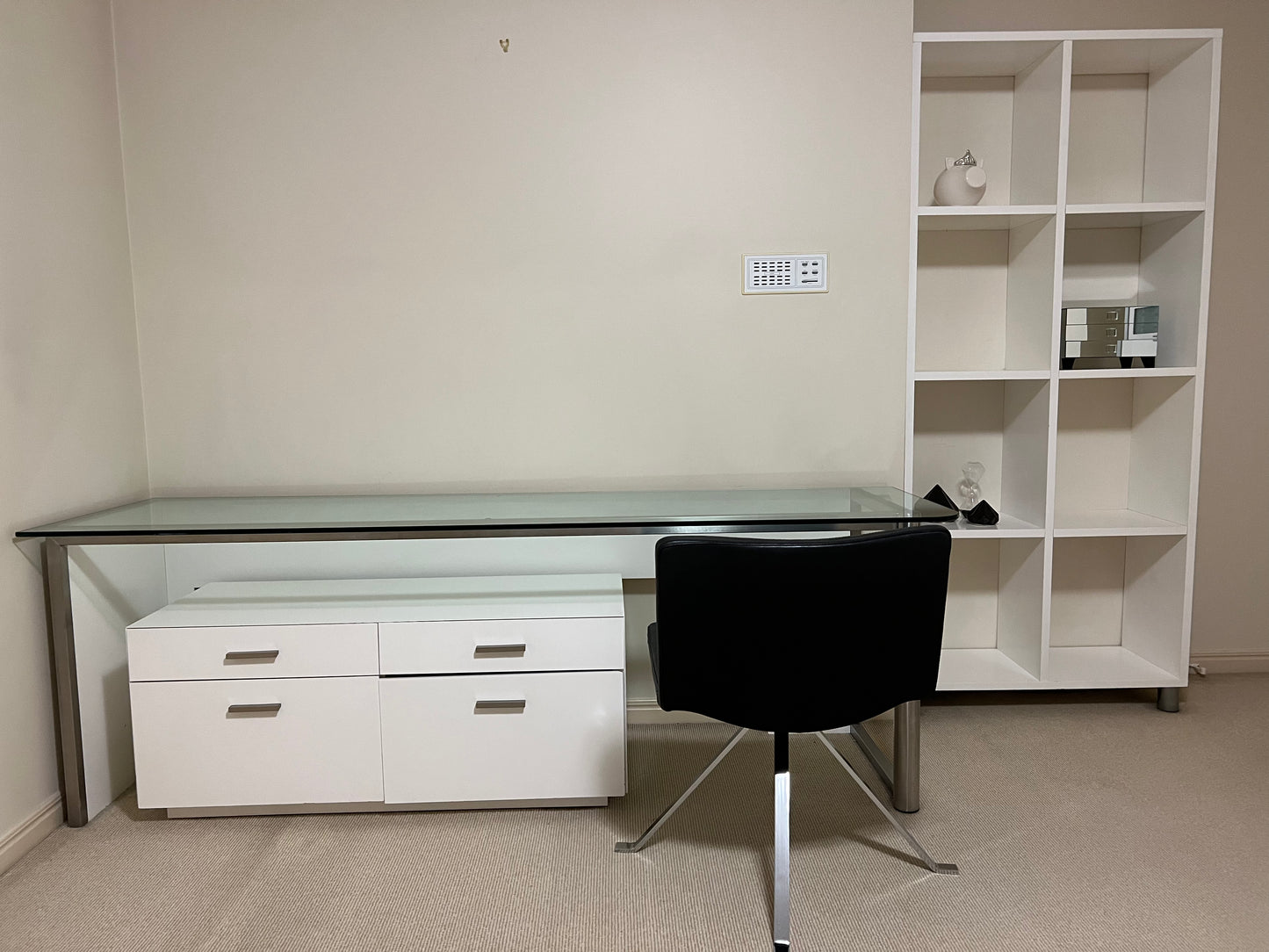 Glass Top Office Desk and White Drawers