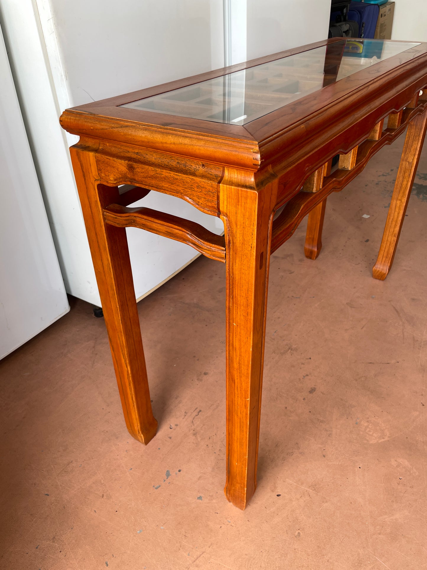 Detailed Wood Console with Glass Top
